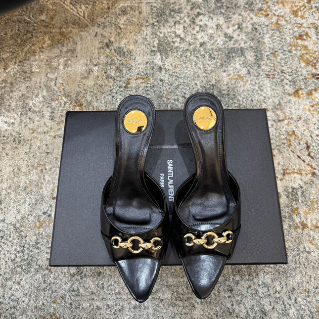 YSL 26S POINTED TOE HIGH HEEL SANDALS 65 MM IN BLACK SHINY CALFSKIN
