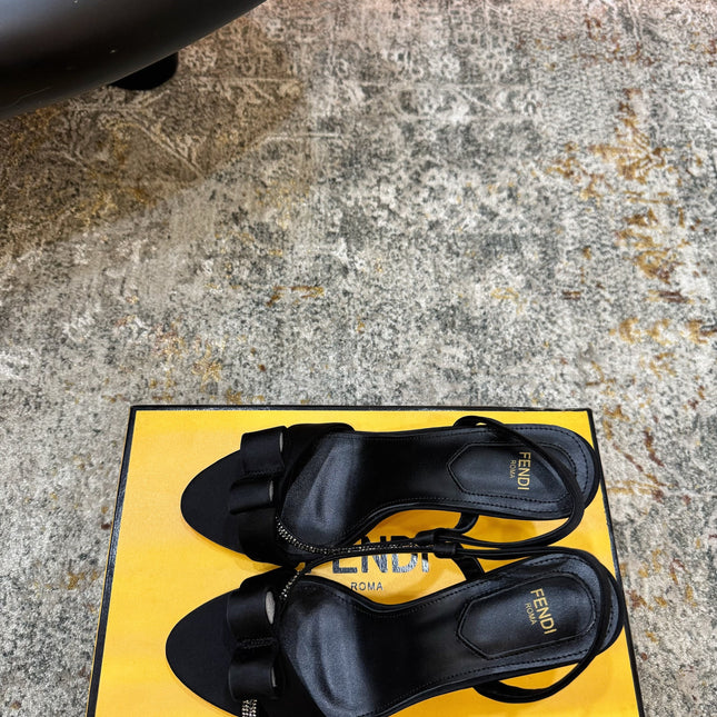 FENDI 26S HIGH-HEELED SANDALS 75 MM IN BLACK SATIN