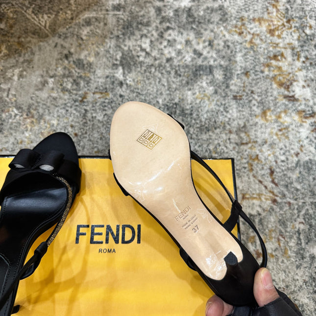 FENDI 26S HIGH-HEELED SANDALS 75 MM IN BLACK SATIN