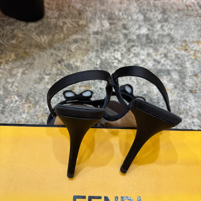 FENDI 26S HIGH-HEELED SANDALS 75 MM IN BLACK SATIN