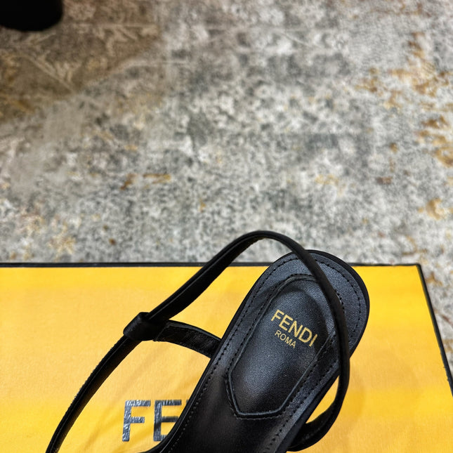 FENDI 26S HIGH-HEELED SANDALS 75 MM IN BLACK SATIN