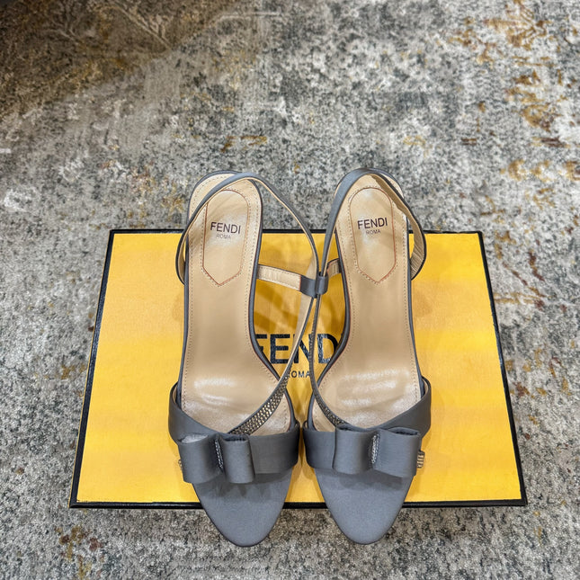 FENDI 26S HIGH-HEELED SANDALS 75 MM IN GREY SATIN