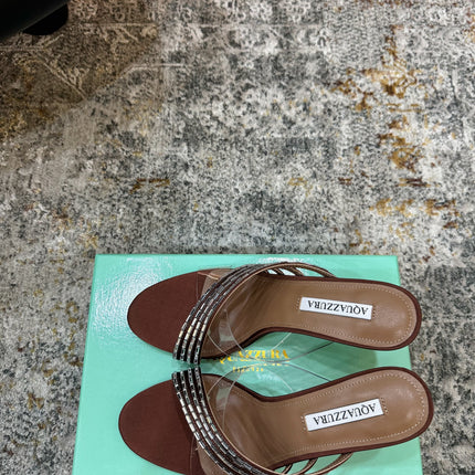AQUAZZURA 26S CRYSTAL MULES 90 MM IN BROWN SATIN