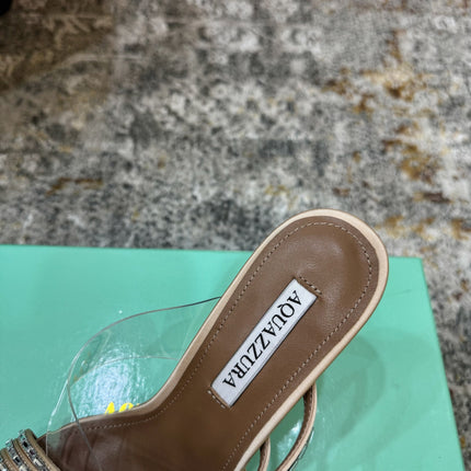 AQUAZZURA 26S CRYSTAL MULES 90 MM IN BEIGE SATIN