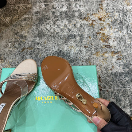 AQUAZZURA 26S CRYSTAL MULES 90 MM IN BEIGE SATIN