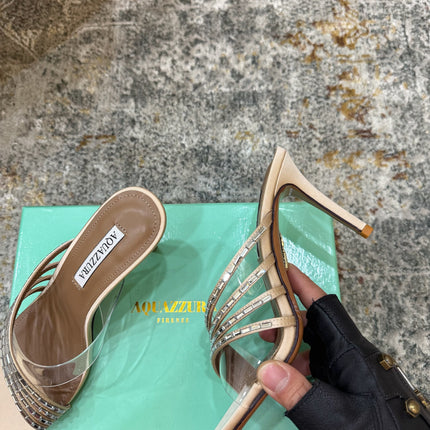 AQUAZZURA 26S CRYSTAL MULES 90 MM IN BEIGE SATIN