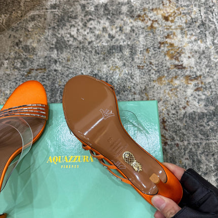 AQUAZZURA 26S CRYSTAL MULES 90 MM IN ORANGE SATIN