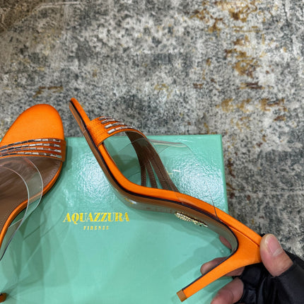 AQUAZZURA 26S CRYSTAL MULES 90 MM IN ORANGE SATIN