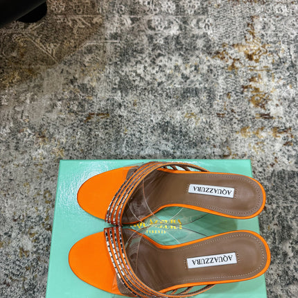 AQUAZZURA 26S CRYSTAL MULES 90 MM IN ORANGE SATIN