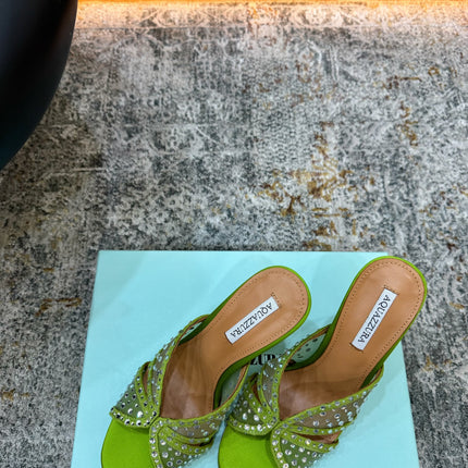 AQUAZZURA 26S HIGH-HEEL SANDALS 105 MM IN GREEN SATIN AND MESH