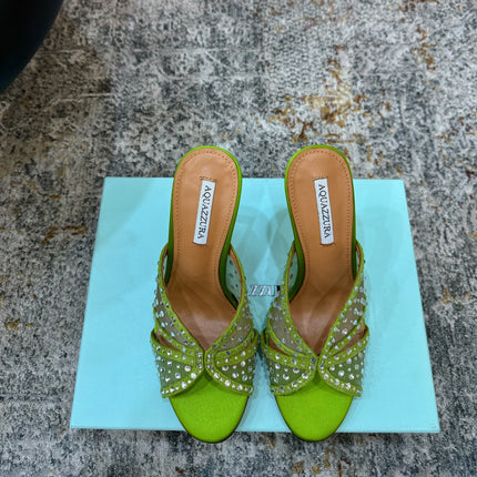 AQUAZZURA 26S HIGH-HEEL SANDALS 105 MM IN GREEN SATIN AND MESH