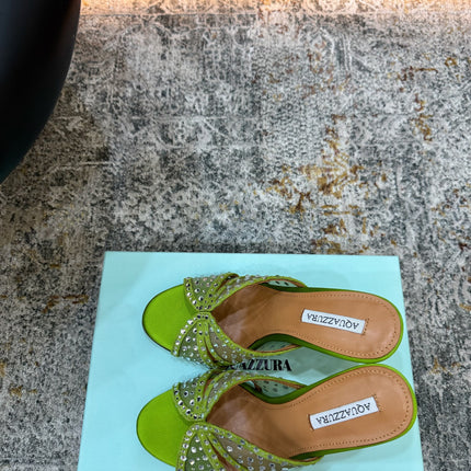 AQUAZZURA 26S HIGH-HEEL SANDALS 105 MM IN GREEN SATIN AND MESH