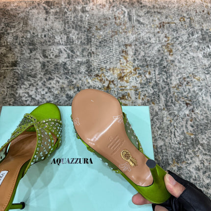 AQUAZZURA 26S HIGH-HEEL SANDALS 105 MM IN GREEN SATIN AND MESH