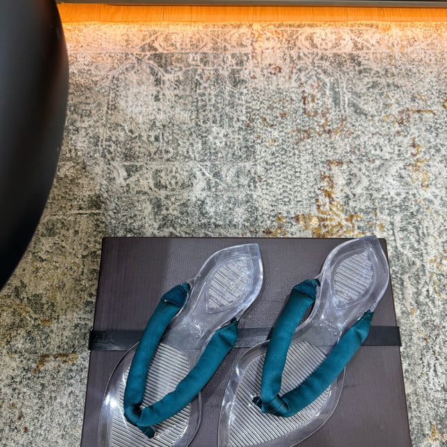 ALAIA 26S THONG SANDALS IN TEAL BLUE SATIN AND TRANSPARENT PVC