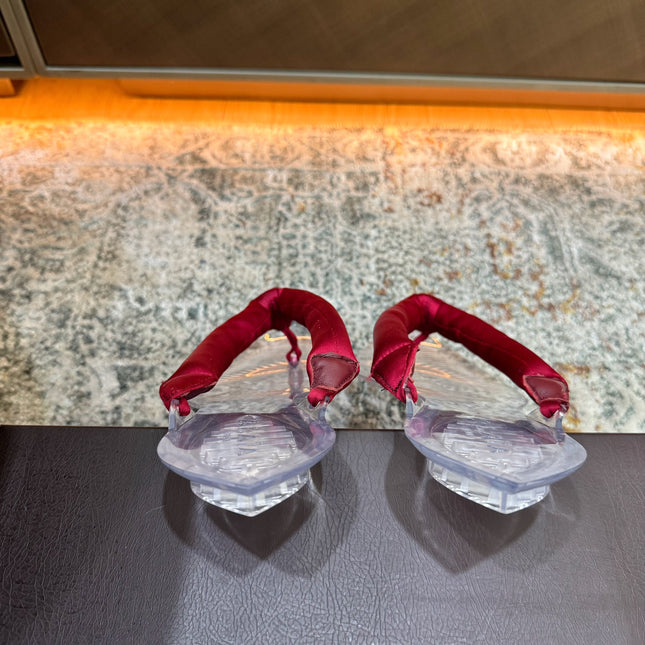 ALAIA 26S THONG SANDALS IN DARK RED SATIN AND TRANSPARENT PVC