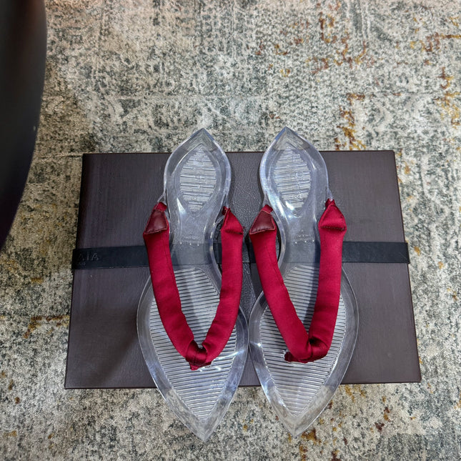 ALAIA 26S THONG SANDALS IN DARK RED SATIN AND TRANSPARENT PVC