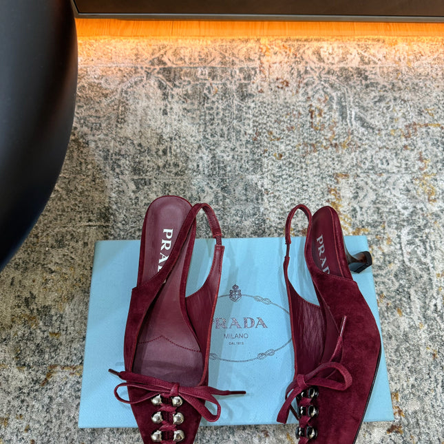 PRADA 26S POINTED TOE LACE UP SLINGBACK PUMPS 55MM IN BURGUNDY RED SUEDE