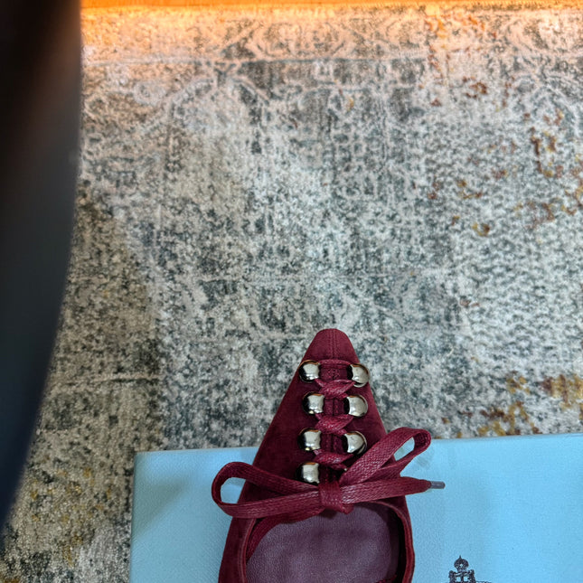 PRADA 26S POINTED TOE LACE UP SLINGBACK PUMPS 55MM IN BURGUNDY RED SUEDE