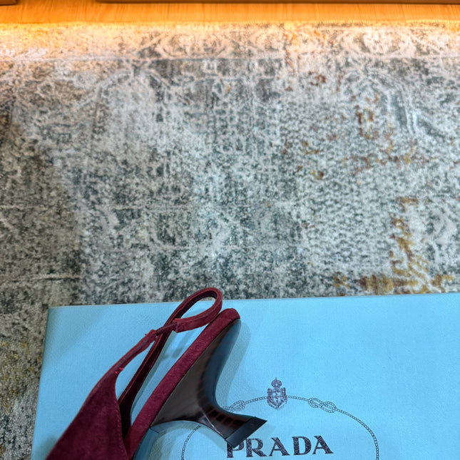 PRADA 26S POINTED TOE LACE UP SLINGBACK PUMPS 55MM IN BURGUNDY RED SUEDE