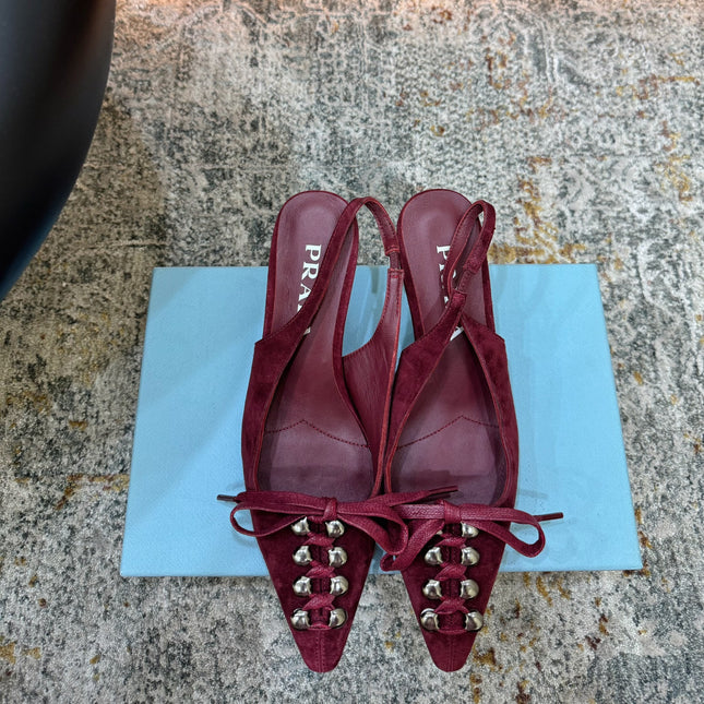 PRADA 26S POINTED TOE LACE UP SLINGBACK PUMPS 55MM IN BURGUNDY RED SUEDE
