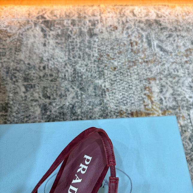 PRADA 26S POINTED TOE LACE UP SLINGBACK PUMPS 55MM IN BURGUNDY RED SUEDE