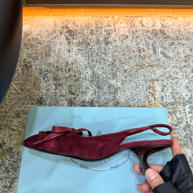 PRADA 26S POINTED TOE LACE UP SLINGBACK PUMPS 55MM IN BURGUNDY RED SUEDE