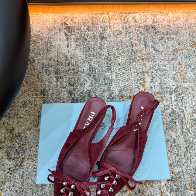 PRADA 26S POINTED TOE LACE UP SLINGBACK PUMPS 55MM IN BURGUNDY RED SUEDE