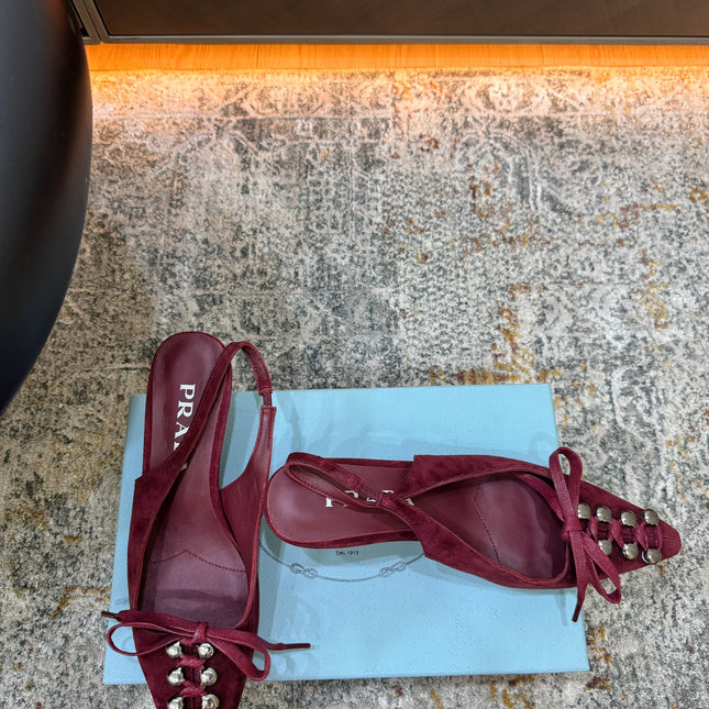 PRADA 26S POINTED TOE LACE UP SLINGBACK PUMPS 55MM IN BURGUNDY RED SUEDE