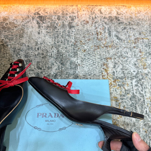 PRADA 26S LACE UP SLINGBACK PUMPS 55MM IN BLACK CALFSKIN WITH RED LACES