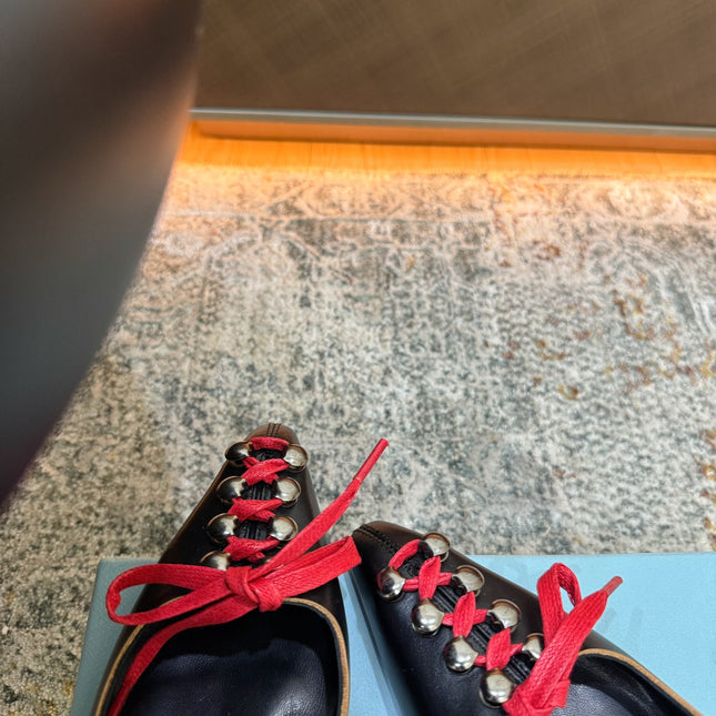 PRADA 26S LACE UP SLINGBACK PUMPS 55MM IN BLACK CALFSKIN WITH RED LACES