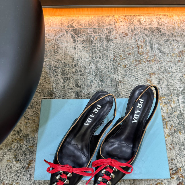 PRADA 26S LACE UP SLINGBACK PUMPS 55MM IN BLACK CALFSKIN WITH RED LACES