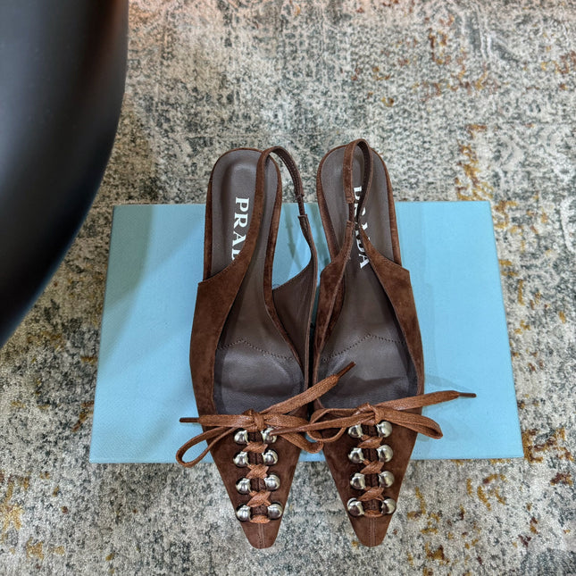 PRADA 26S POINTED TOE LACE UP SLINGBACK PUMPS 55MM IN DARK BROWN SUEDE