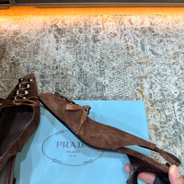 PRADA 26S POINTED TOE LACE UP SLINGBACK PUMPS 55MM IN DARK BROWN SUEDE