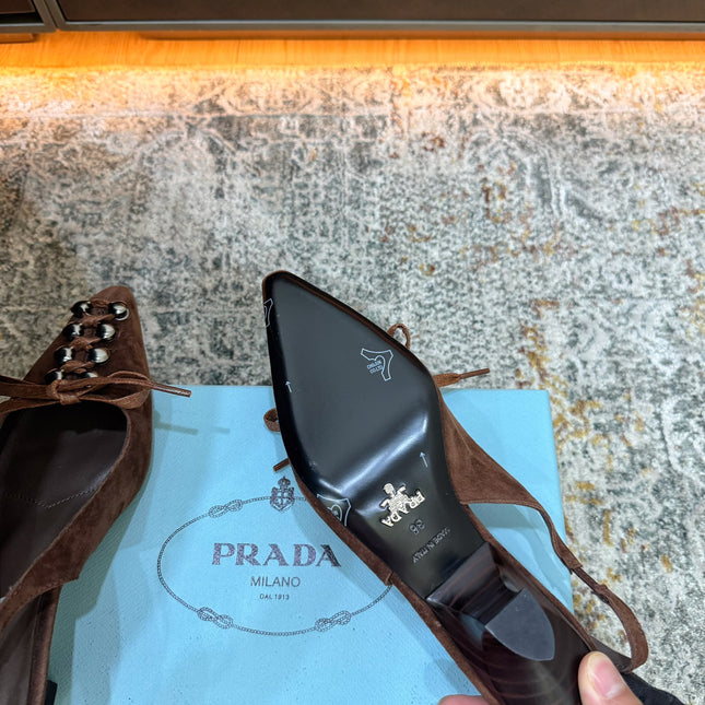 PRADA 26S POINTED TOE LACE UP SLINGBACK PUMPS 55MM IN DARK BROWN SUEDE