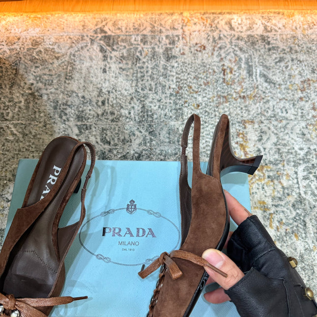 PRADA 26S POINTED TOE LACE UP SLINGBACK PUMPS 55MM IN DARK BROWN SUEDE