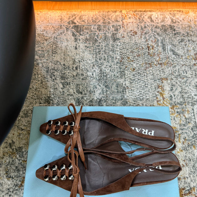 PRADA 26S POINTED TOE LACE UP SLINGBACK PUMPS 55MM IN DARK BROWN SUEDE