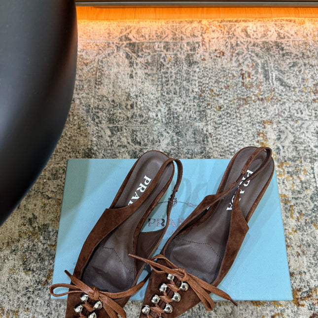 PRADA 26S POINTED TOE LACE UP SLINGBACK PUMPS 55MM IN DARK BROWN SUEDE