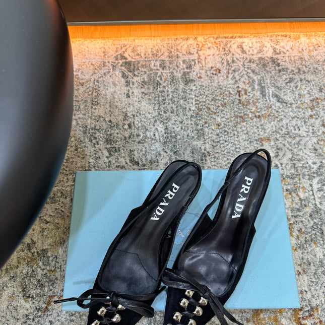 PRADA 26S POINTED TOE LACE UP SLINGBACK PUMPS 55MM IN BLACK SUEDE