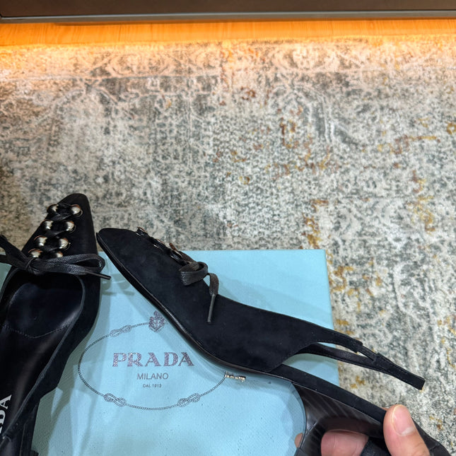 PRADA 26S POINTED TOE LACE UP SLINGBACK PUMPS 55MM IN BLACK SUEDE