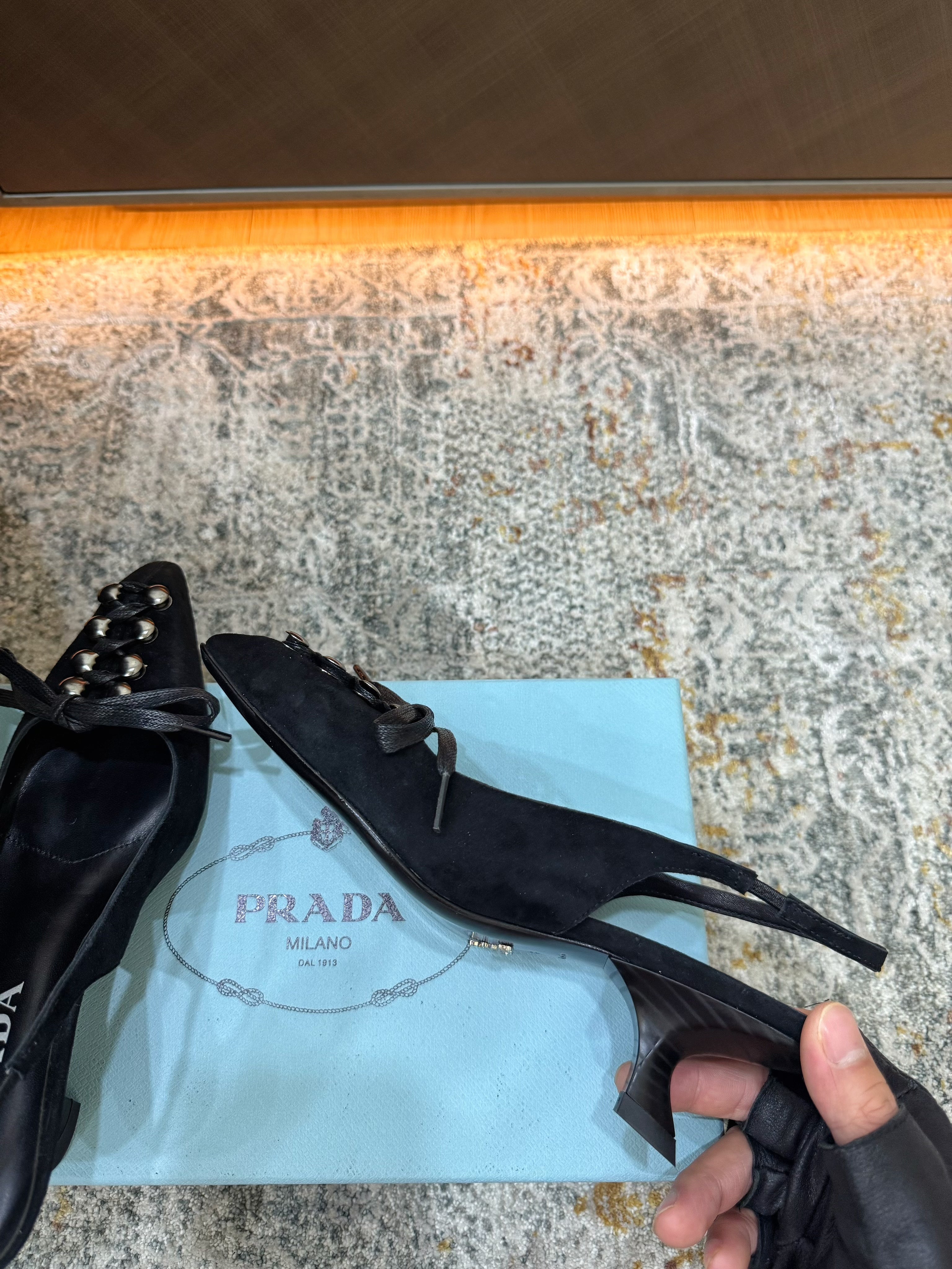 PRADA 26S POINTED TOE LACE UP SLINGBACK PUMPS 55MM IN BLACK SUEDE