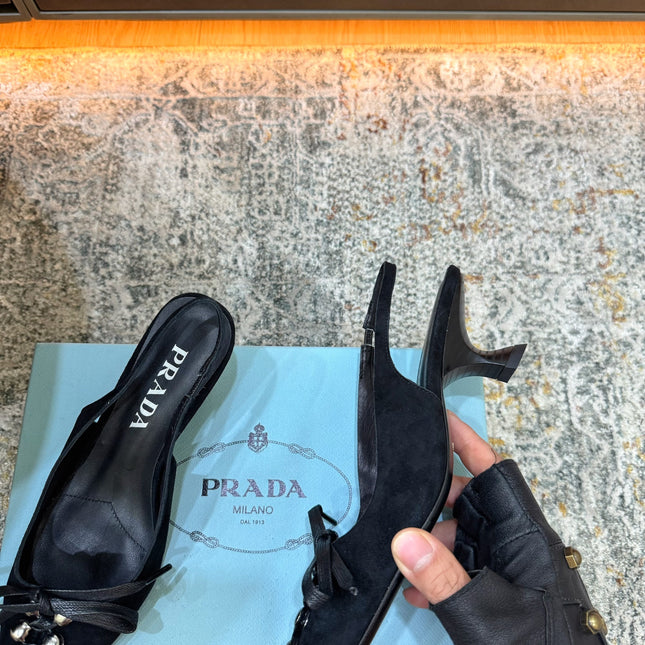 PRADA 26S POINTED TOE LACE UP SLINGBACK PUMPS 55MM IN BLACK SUEDE