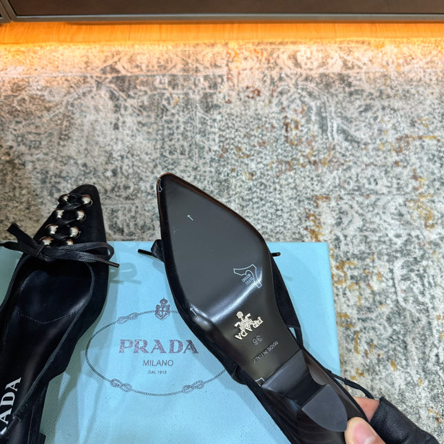 PRADA 26S POINTED TOE LACE UP SLINGBACK PUMPS 55MM IN BLACK SUEDE