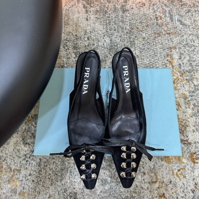 PRADA 26S POINTED TOE LACE UP SLINGBACK PUMPS 55MM IN BLACK SUEDE