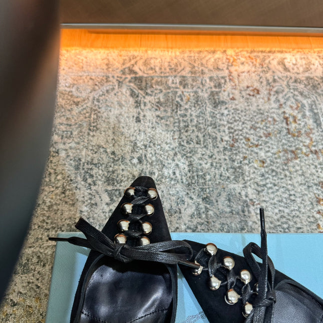 PRADA 26S POINTED TOE LACE UP SLINGBACK PUMPS 55MM IN BLACK SUEDE