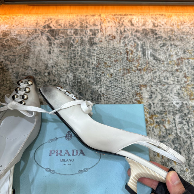 PRADA 26S POINTED TOE LACE UP SLINGBACK PUMPS 55MM IN WHITE CALFSKIN