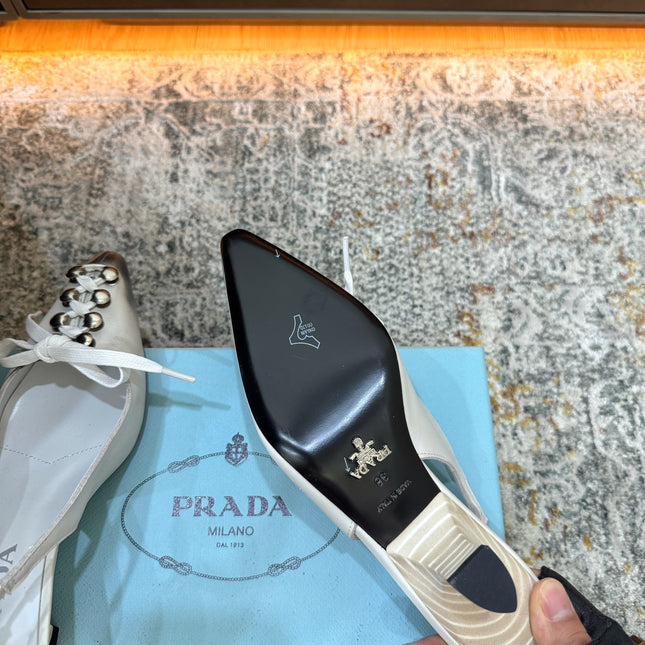 PRADA 26S POINTED TOE LACE UP SLINGBACK PUMPS 55MM IN WHITE CALFSKIN