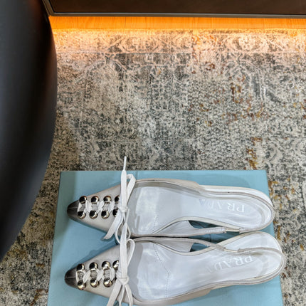 PRADA 26S POINTED TOE LACE UP SLINGBACK PUMPS 55MM IN WHITE CALFSKIN