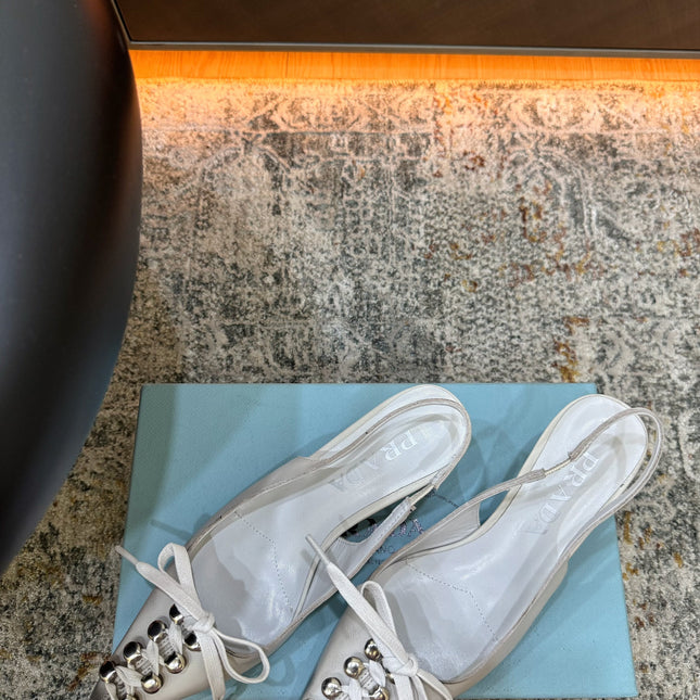 PRADA 26S POINTED TOE LACE UP SLINGBACK PUMPS 55MM IN WHITE CALFSKIN