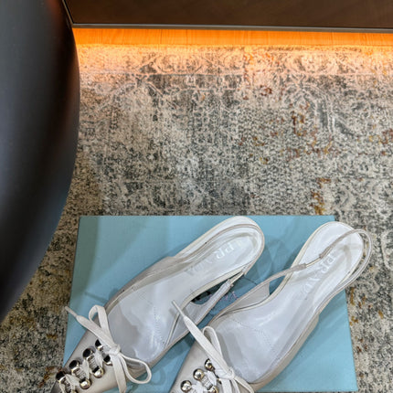 PRADA 26S POINTED TOE LACE UP SLINGBACK PUMPS 55MM IN WHITE CALFSKIN