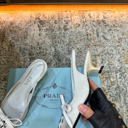 PRADA 26S POINTED TOE LACE UP SLINGBACK PUMPS 55MM IN WHITE CALFSKIN
